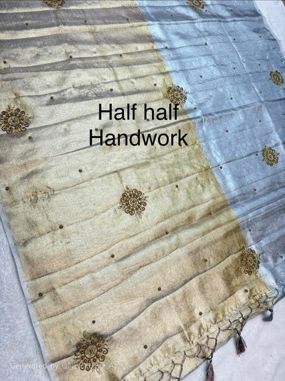 SUNEHRI LINEN TISSUE SILK SAREE WITH  ZARI BOOTA