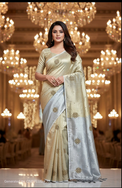 SUNEHRI LINEN TISSUE SILK SAREE WITH  ZARI BOOTA