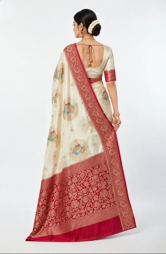CREAM MOONGA SILK SAREE