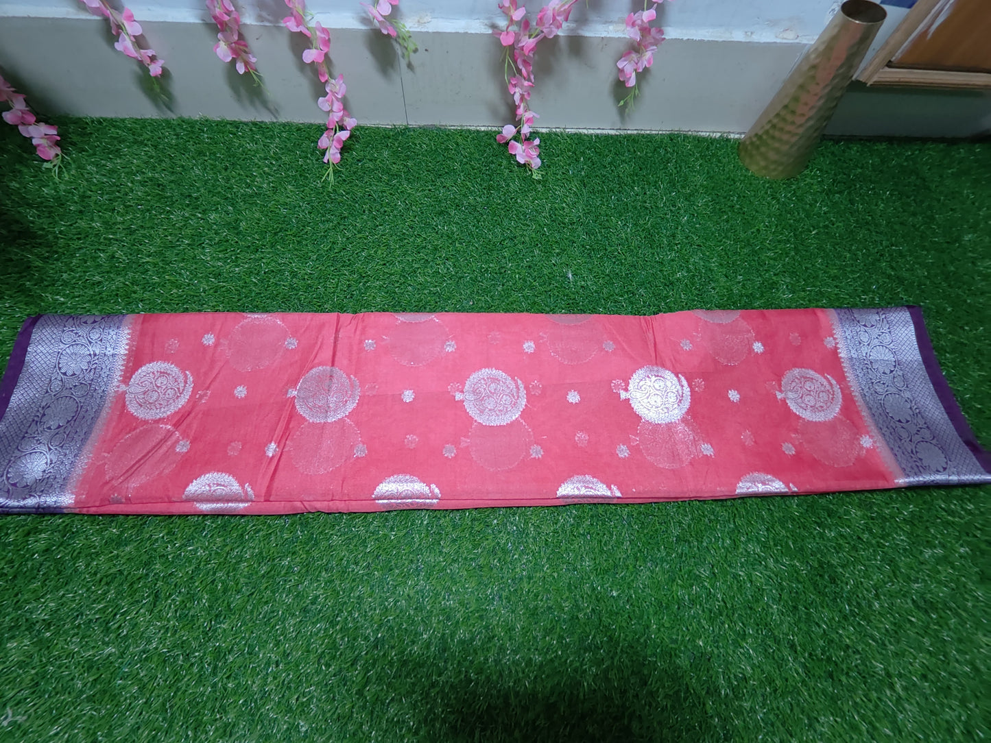 PEACH SEMI GEORGETTE SAREE WITH SILVER BUTTA