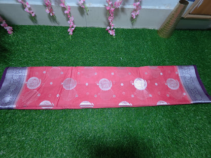 PEACH SEMI GEORGETTE SAREE WITH SILVER BUTTA