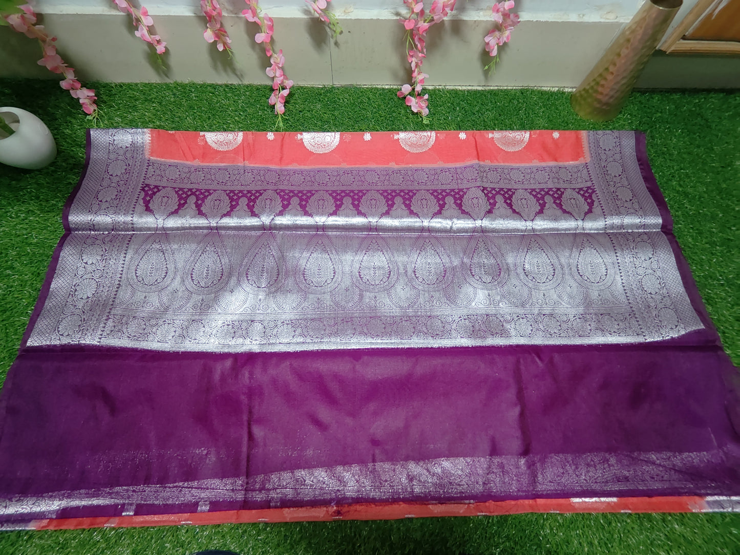 PEACH SEMI GEORGETTE SAREE WITH SILVER BUTTA