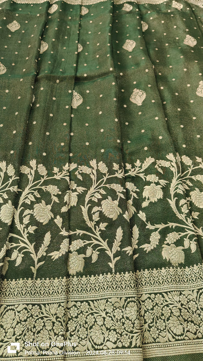 GREEN TISSUE SILK SAREE WITH FLOWER MOTIF