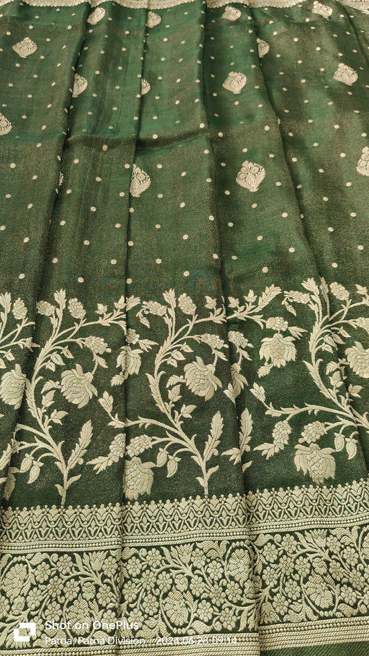 GREEN TISSUE SILK SAREE WITH FLOWER MOTIF