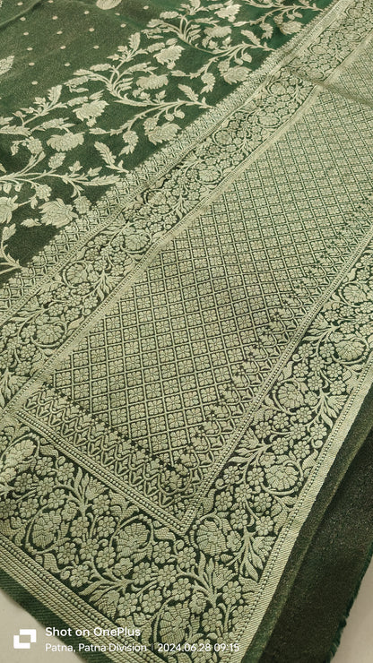 GREEN TISSUE SILK SAREE WITH FLOWER MOTIF