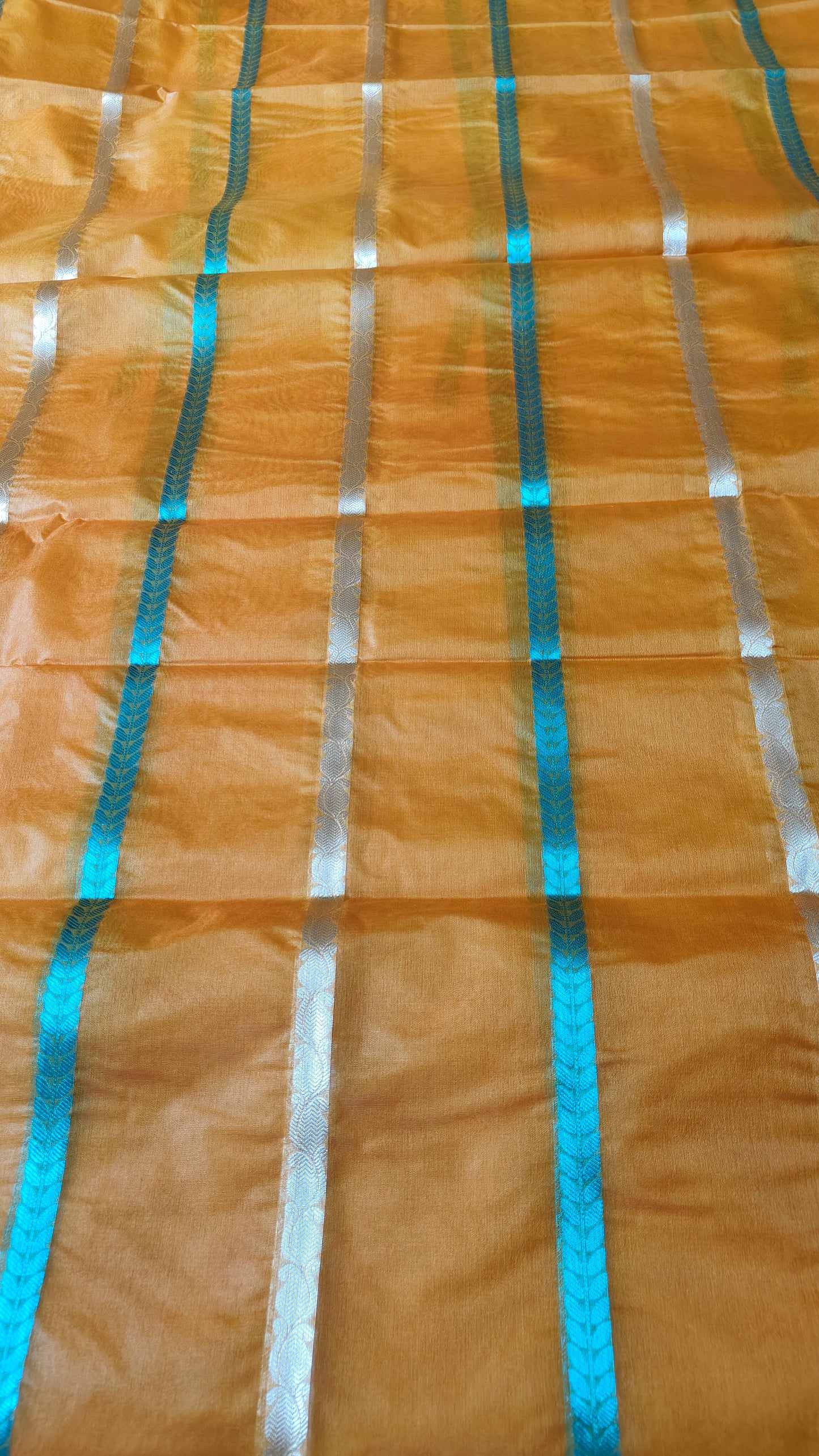YELLOW SEMI KORA ORGANZA SAREE WITH ZARI STIPES