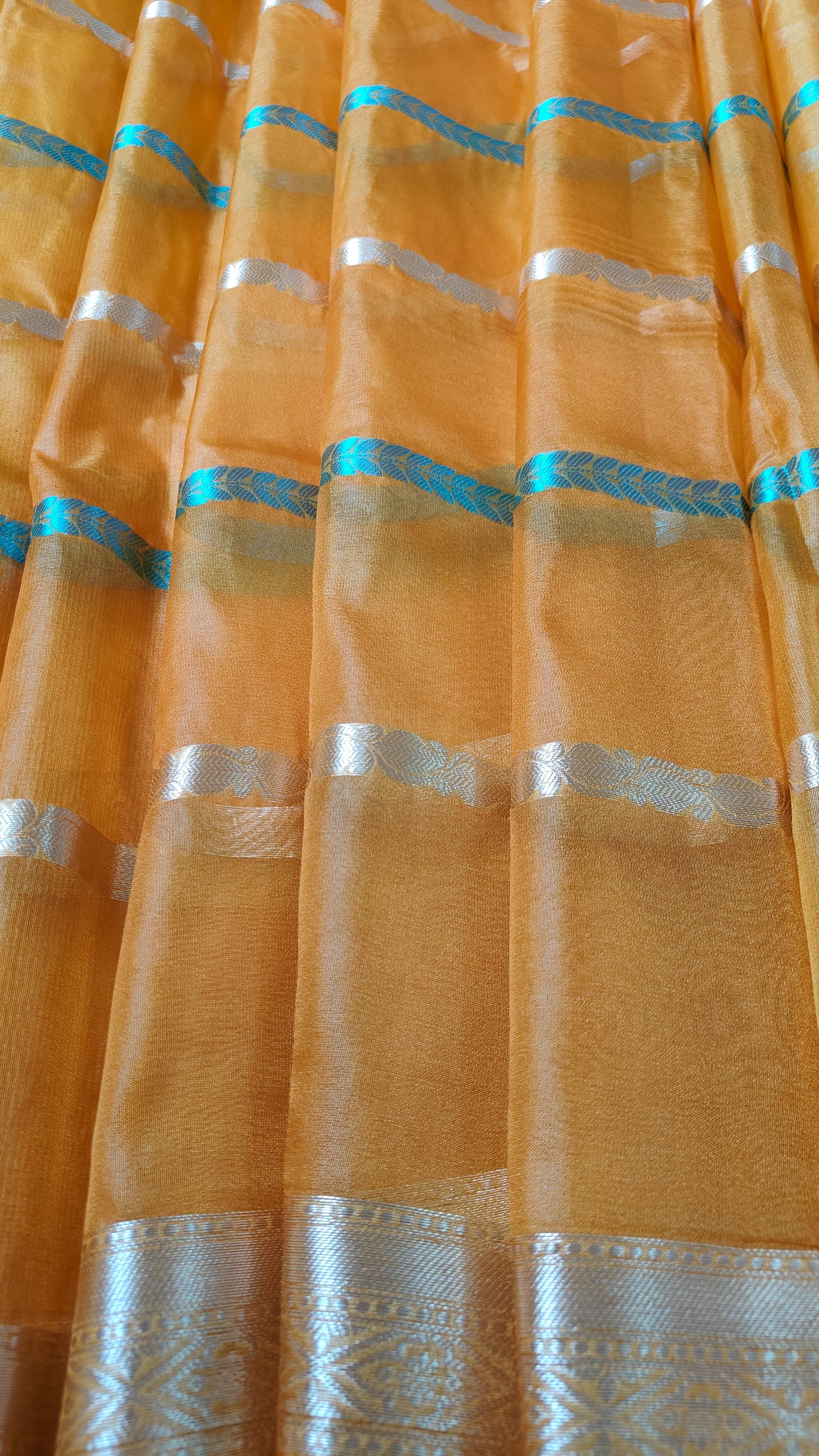 YELLOW SEMI KORA ORGANZA SAREE WITH ZARI STIPES