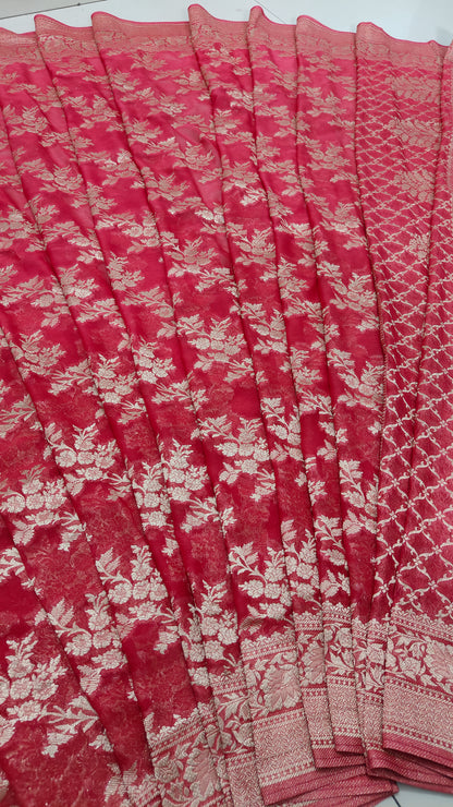 GAJRI PINK PURE GEORGETTE SAREE WITH ZARI JAAL