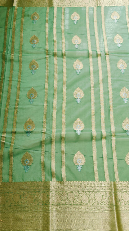 PISTA GREEN ZARI STRIPS SEMI KORA ORGANZA SAREE
