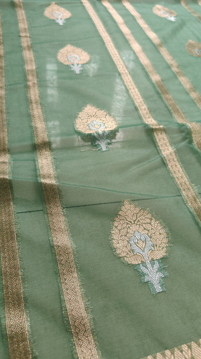 PISTA GREEN ZARI STRIPS SEMI KORA ORGANZA SAREE