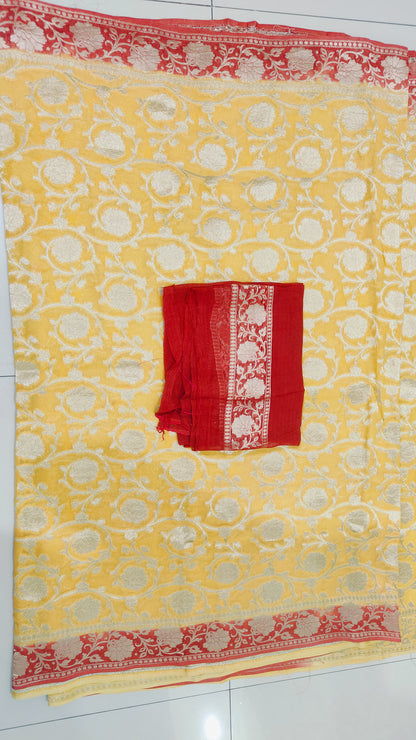YELLOW PURE GEORGETTE SAREE WITH ZARI JAAL