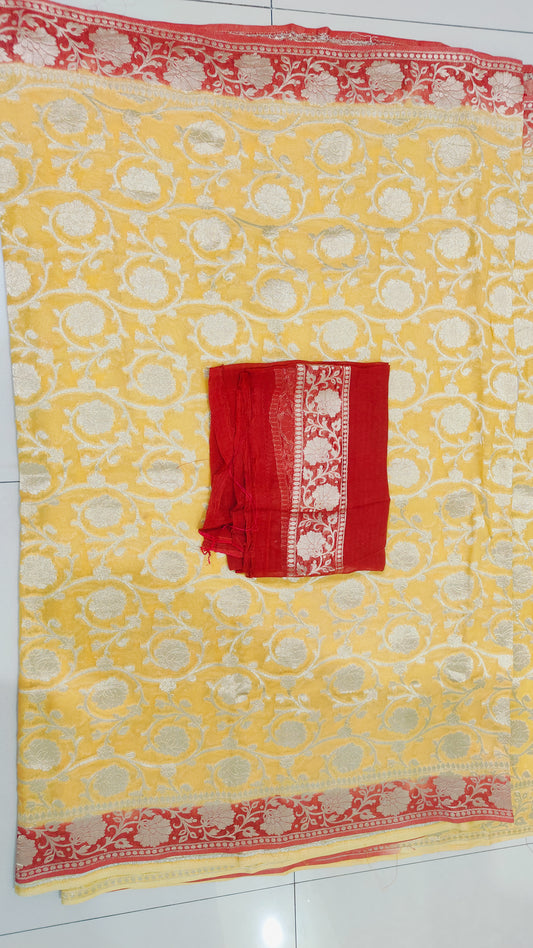 YELLOW PURE GEORGETTE SAREE WITH ZARI JAAL