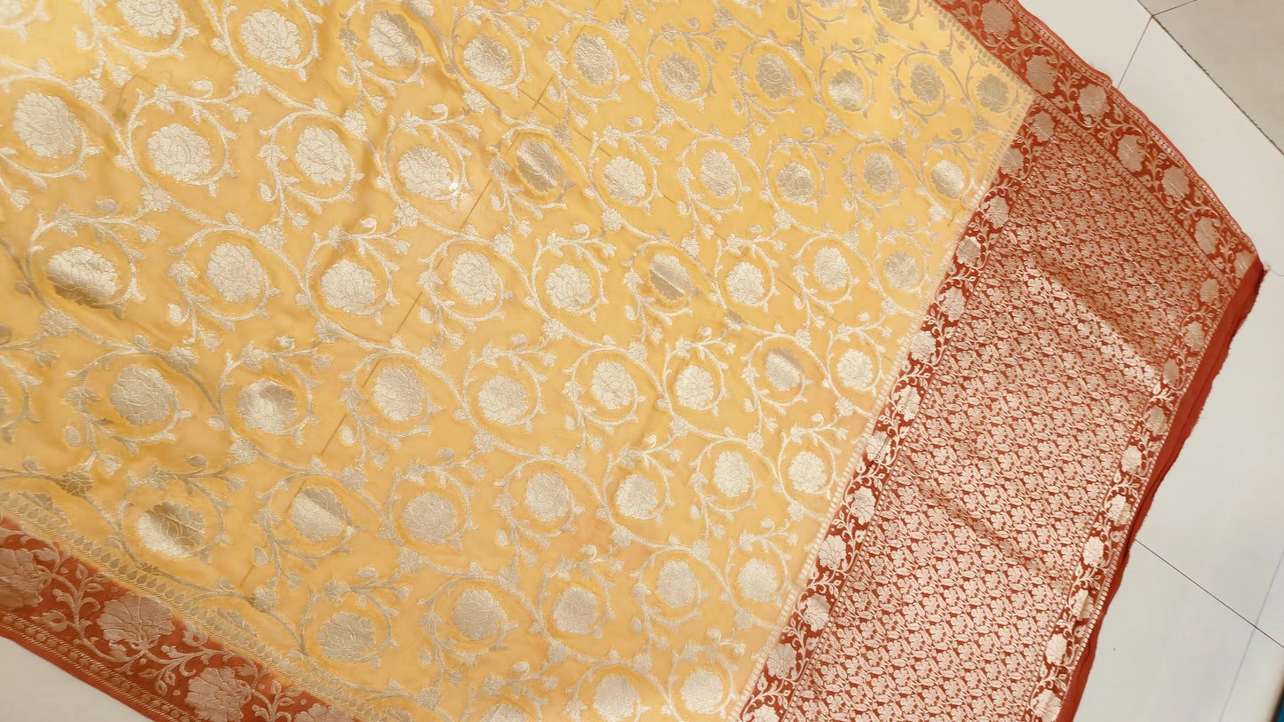 YELLOW KHADDI GEORGETTE SAREE WITH ZARI JAAL