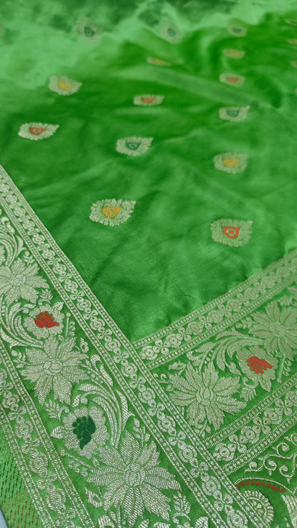 GREEN GAJJI KATAN SILK SAREE WITH PAAN BUTTA