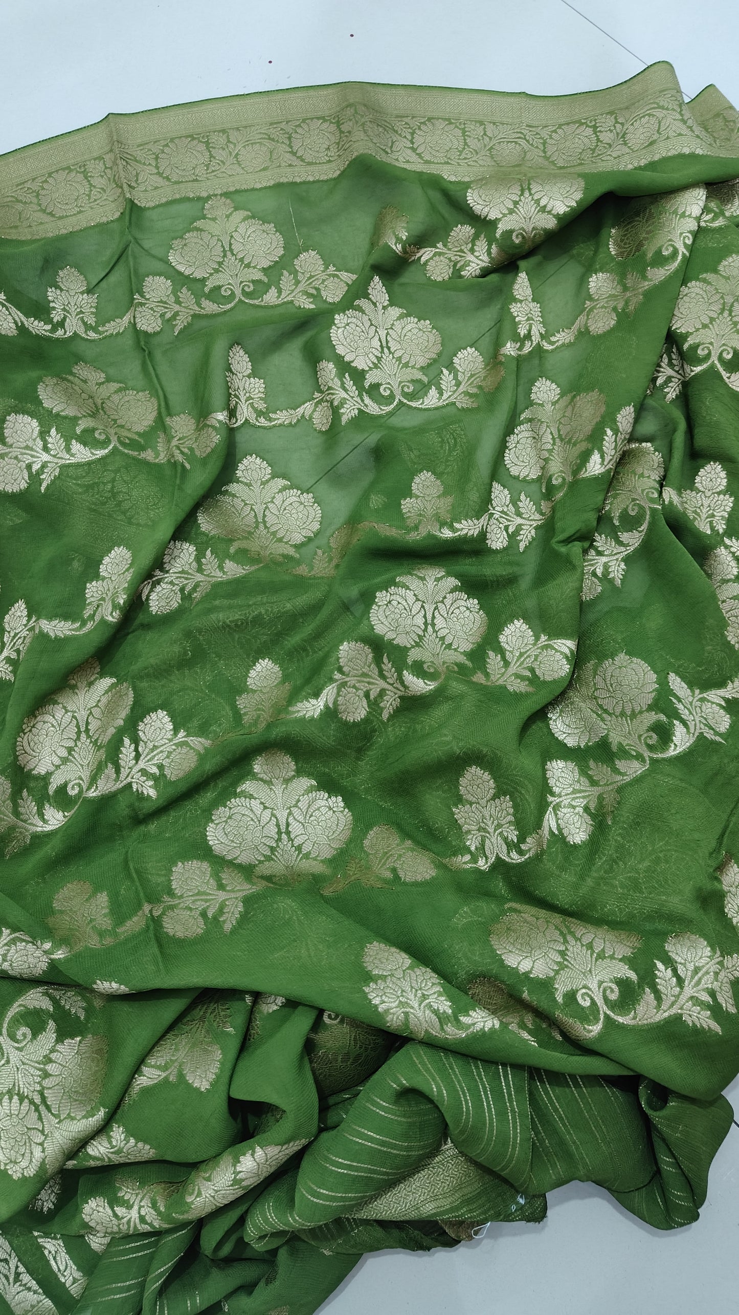 GREEN KHADDI GEORGETTE SAREE WITH ZARI JAAL