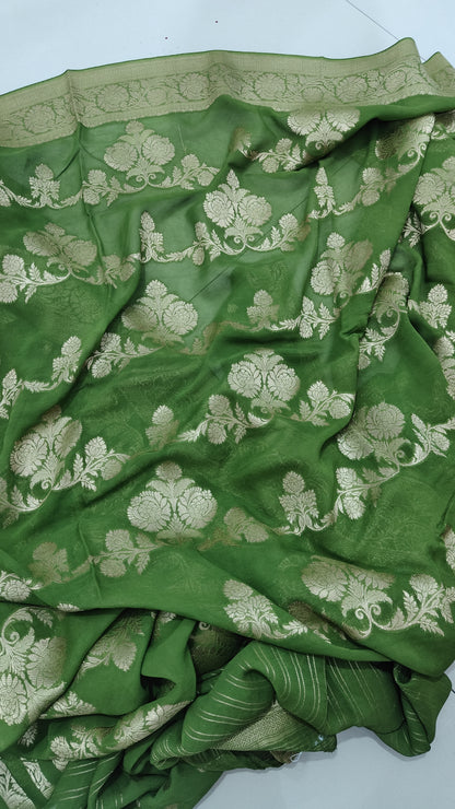 GREEN PURE GEORGETTE SAREE WITH ZARI JAAL