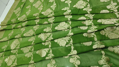 GREEN PURE GEORGETTE SAREE WITH ZARI JAAL