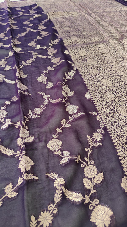 NAVY BLUE PURE GEORGEETE SAREE WITH ZARI JAAL