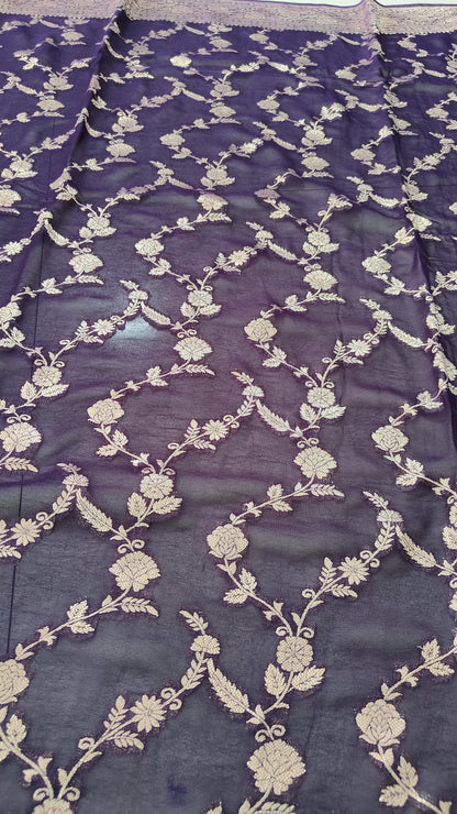 NAVY BLUE PURE GEORGEETE SAREE WITH ZARI JAAL
