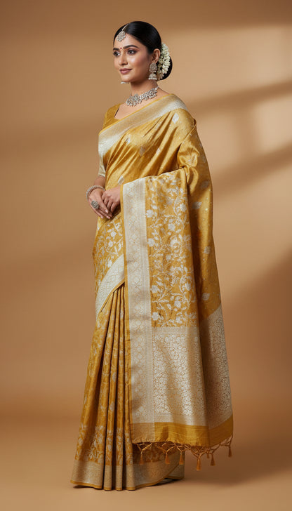 YELLOW TISSUE SILK WITH  FLOWER MOTIF