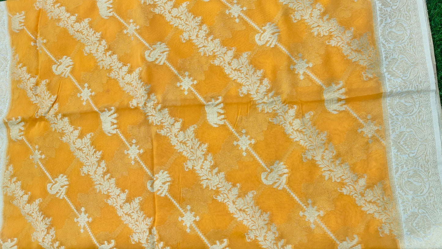 YELLOW KHADDI GEORGETTE SAREE WITH SHIKARGAH MOTIF