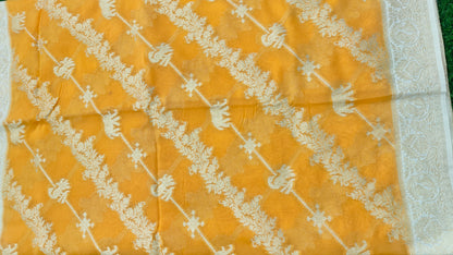 YELLOW PURE GEORGETTE SAREE WITH SHIKARGAH MOTIF
