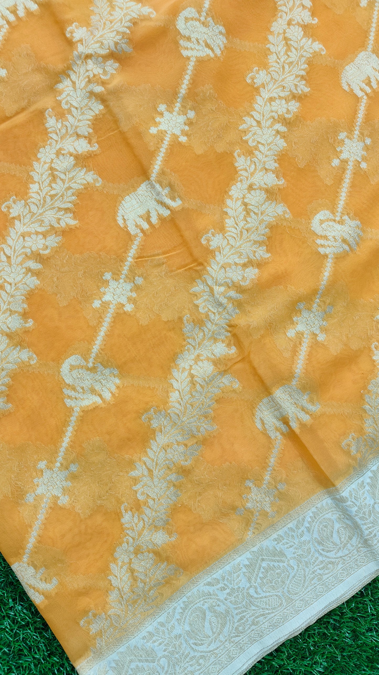 YELLOW KHADDI GEORGETTE SAREE WITH SHIKARGAH MOTIF