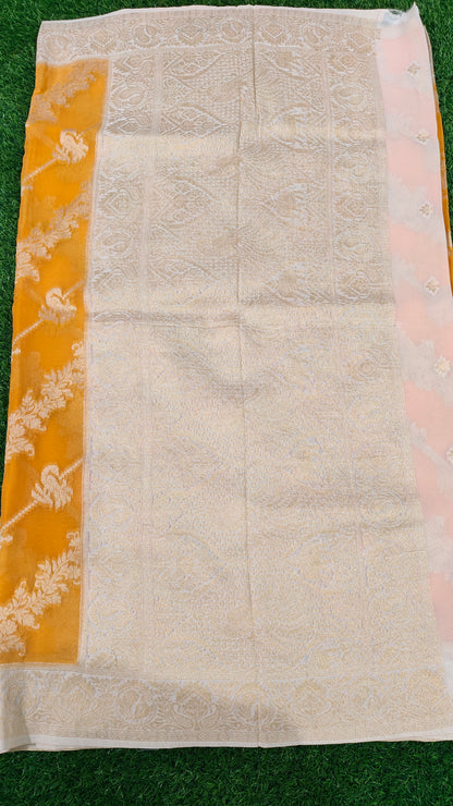 YELLOW PURE GEORGETTE SAREE WITH SHIKARGAH MOTIF
