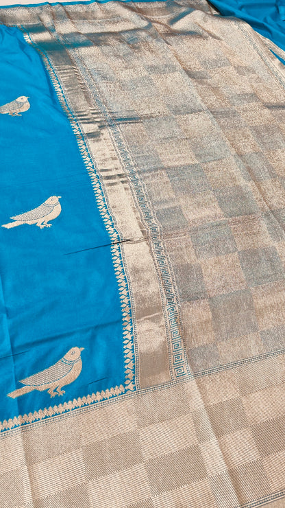 SKY BLUE CRAPE SILK SAREE WITH BIRD MOTIF