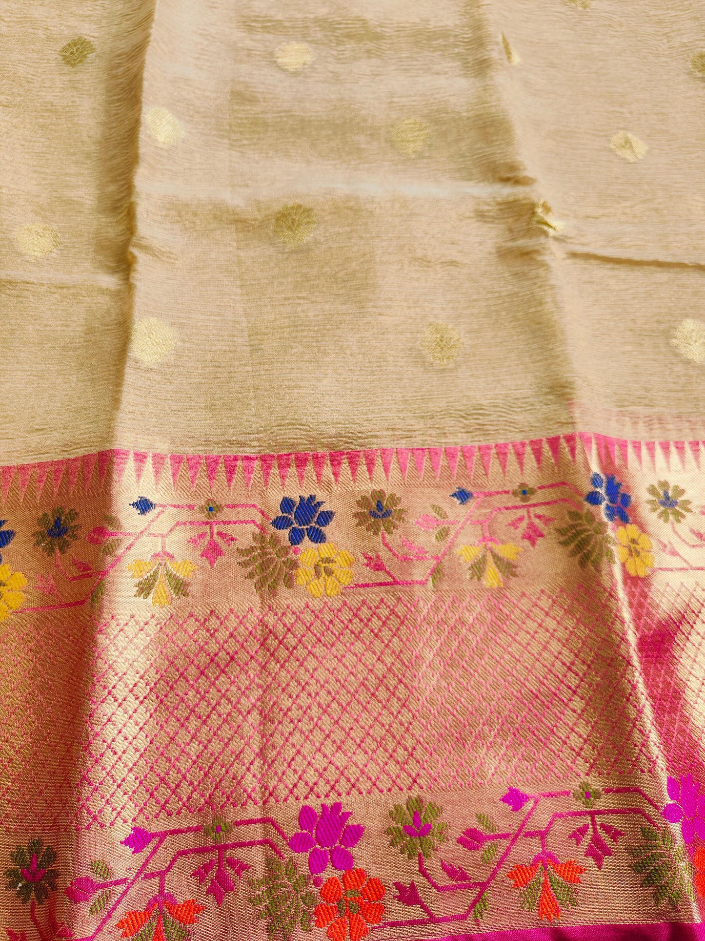 BEIGE COLOR CRUSHED TISSUE PAITHANI BORDER