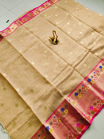 BEIGE COLOR CRUSHED TISSUE PAITHANI BORDER