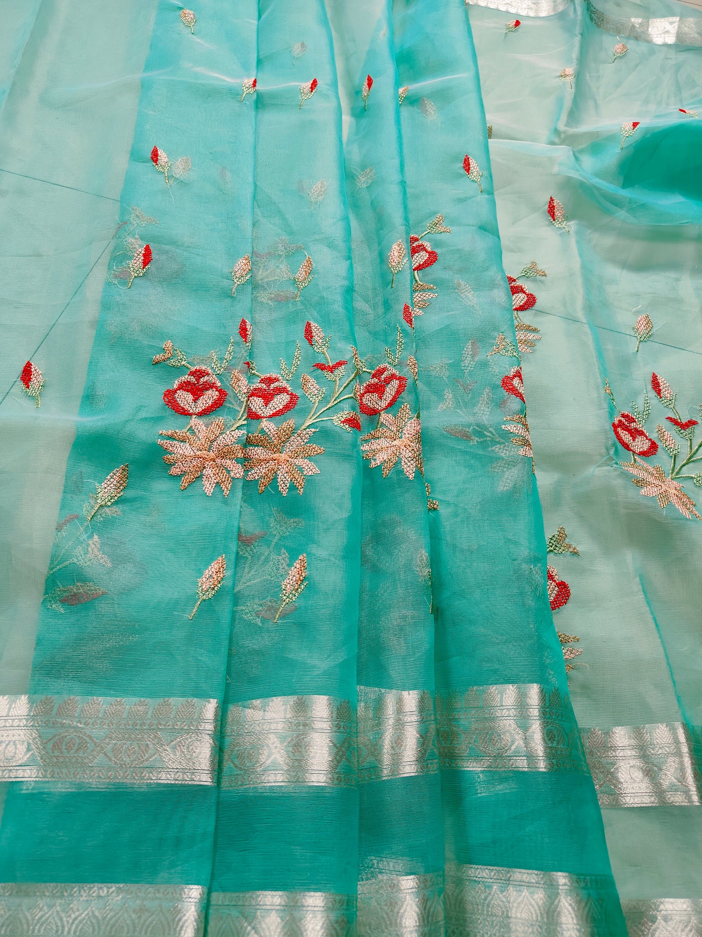 TORQUISE BLUE ORGANZA SAREE WITH EMBRIODERY