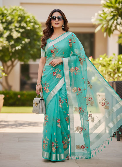 TORQUISE BLUE ORGANZA SAREE WITH EMBRIODERY