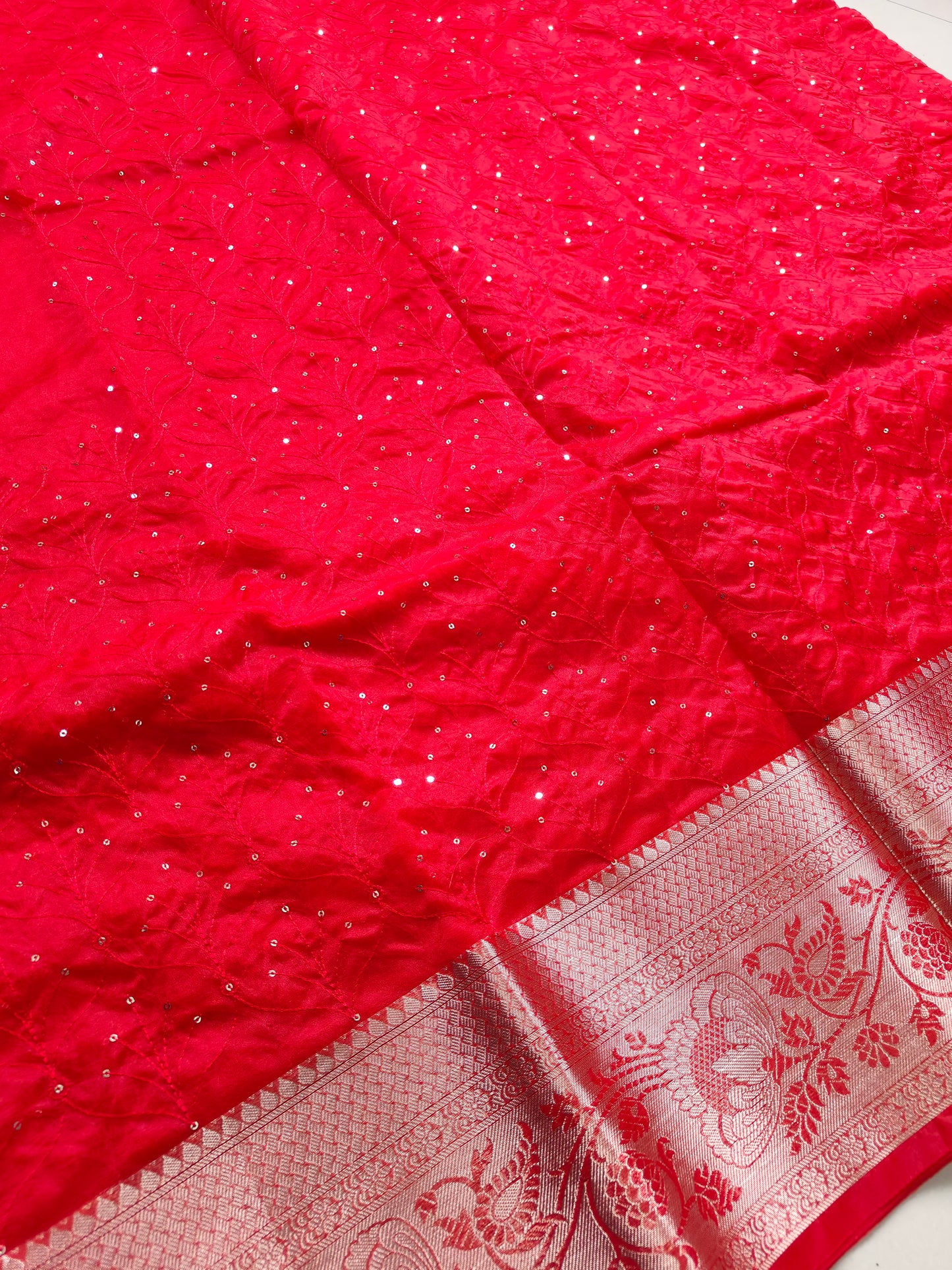 RED ORGANZA SAREE WITH SEQUENCE EMBRIODERY