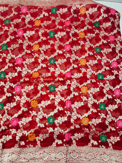 RED PURE GEORGETTE WITH MEENA ZARI JAAL