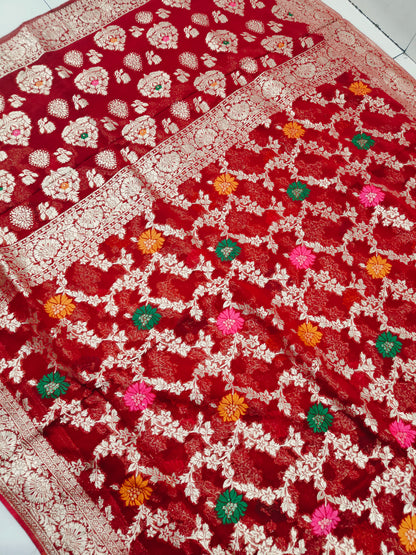 RED PURE GEORGETTE WITH MEENA ZARI JAAL