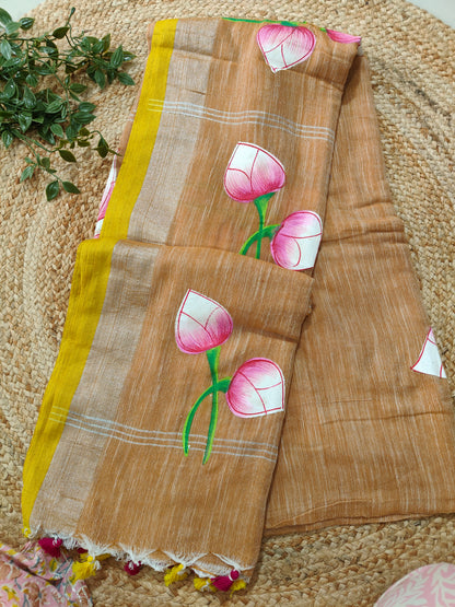 COFEE BROWN COTTON HANDPRINTED SAREE