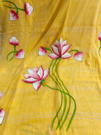 YELLOW COTTON HANDPAINTED SAREE