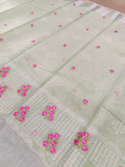 GREEN TISSUE LINEN EMBROIDRY SAREE