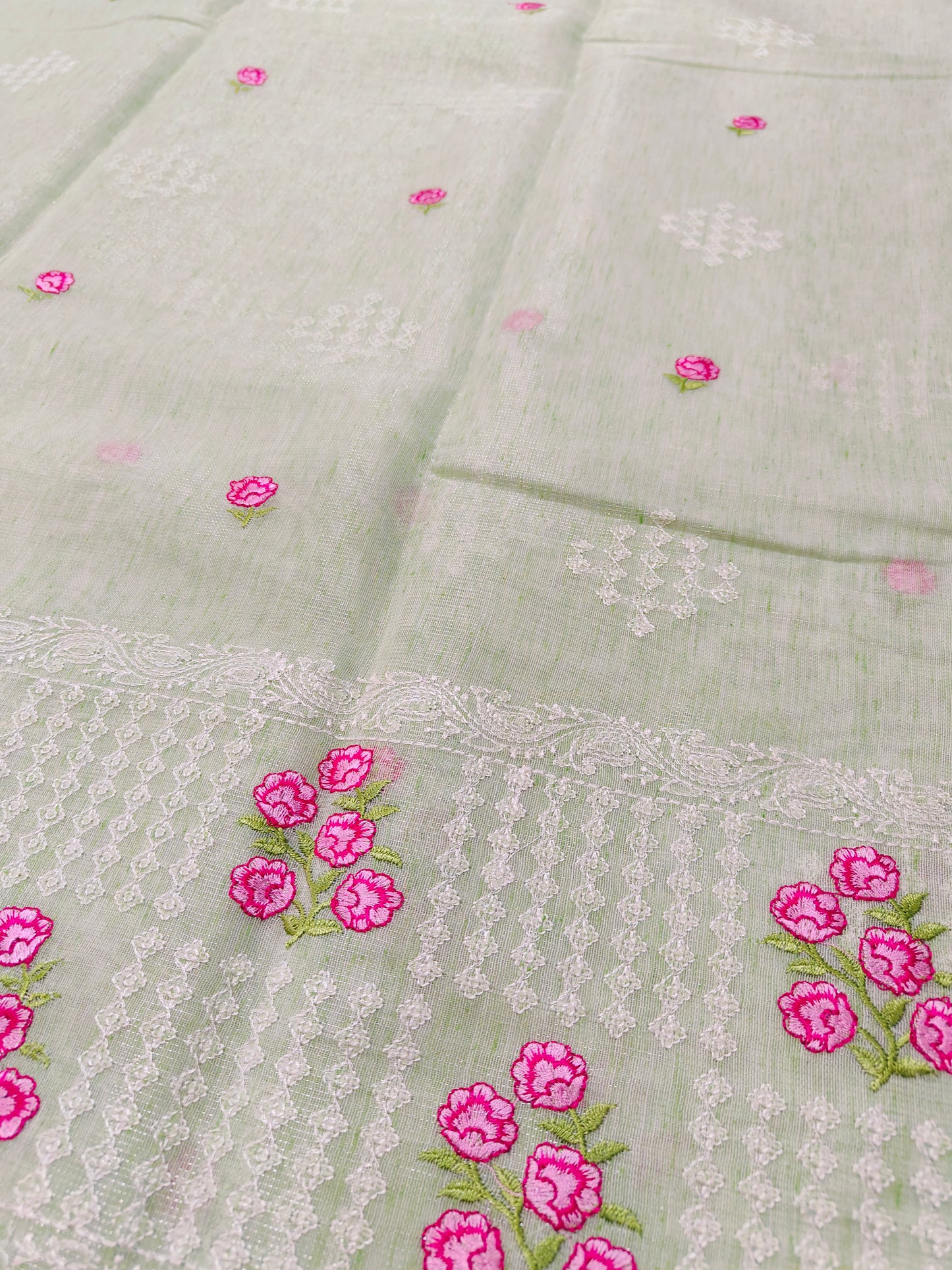 GREEN TISSUE LINEN EMBROIDRY SAREE