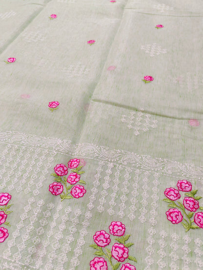 GREEN TISSUE LINEN EMBROIDRY SAREE