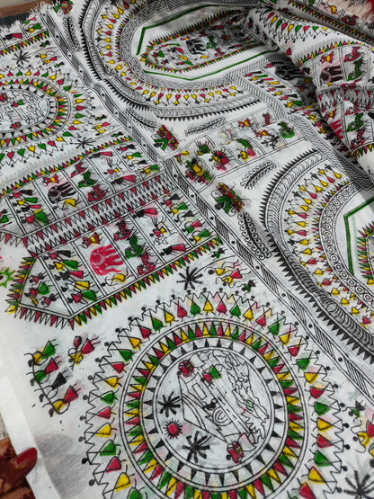 0FF WHITE BANGAL COTTON SILK SAREE WITH MANDALA PRINT