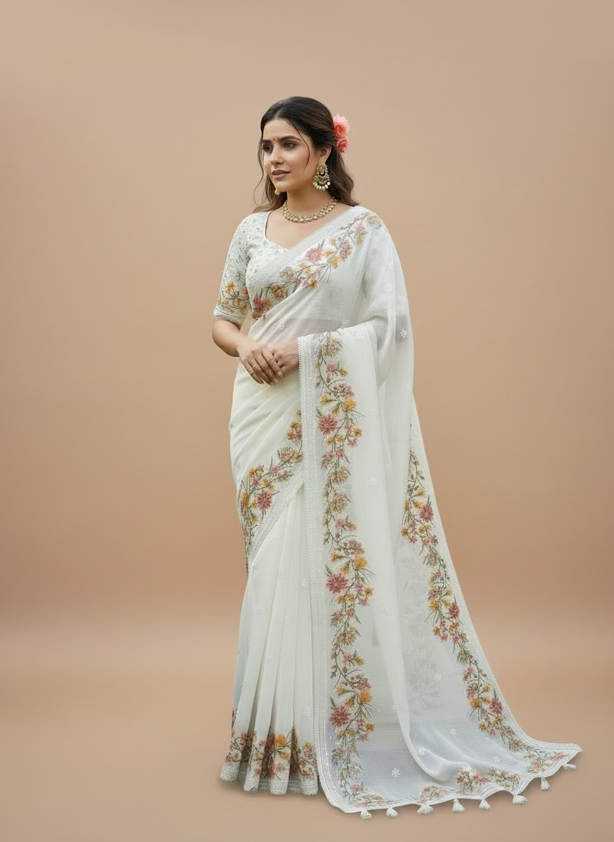 OFFWHITE ORGANZA SAREE WITH EMBROIDERY