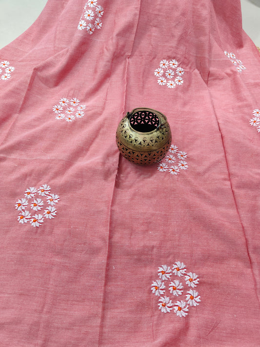 PARIJAT - PINK PURE COTTON SAREE WITH EMBRIODERY