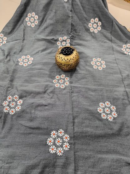PARIJAT - GREY PURE COTTON SAREE WITH EMBRIODERY