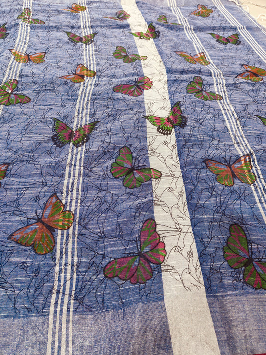 BLUE COTTON SAREE WITH DIGITAL PRINT