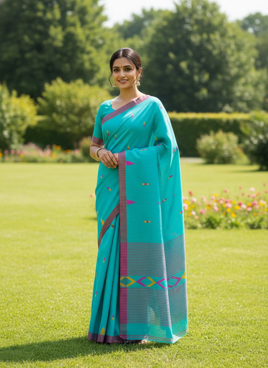 LIGHT GREEN KHADDI COTTON SAREE WITH KHICCHA WORK