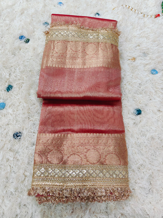 WINE TISSUE KATHBAN SAREE WITH LACE BORDER
