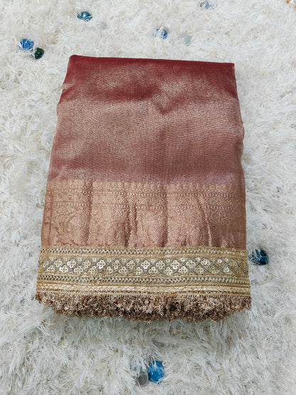 COFFEE BROWN TISSUE SAREE WITH LACE BORDER