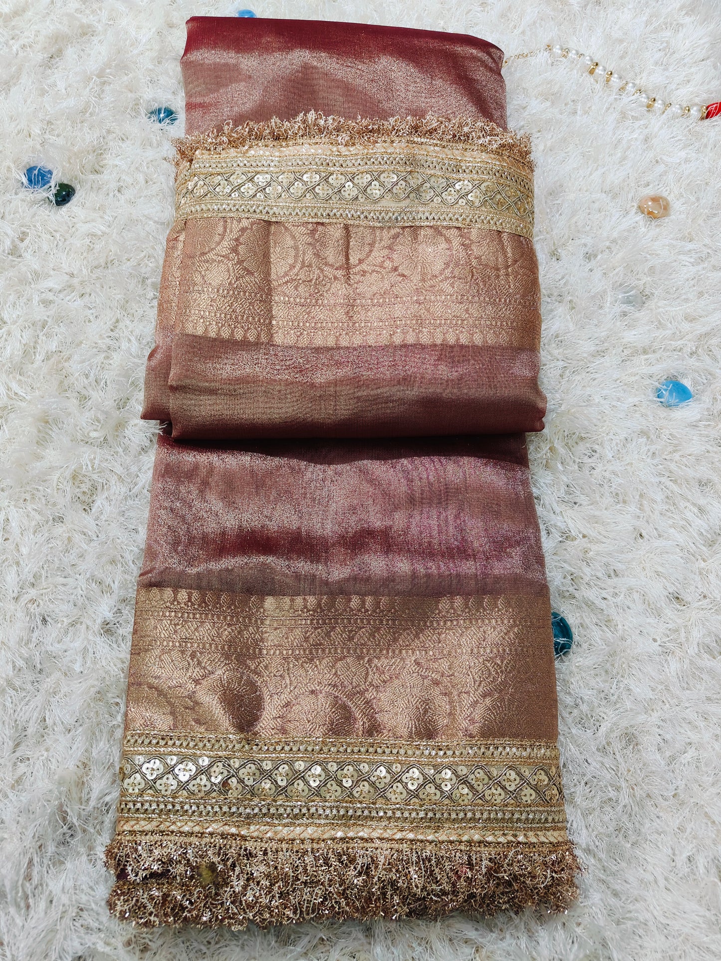 COFFEE BROWN TISSUE KATHBAN SAREE WITH LACE BORDER